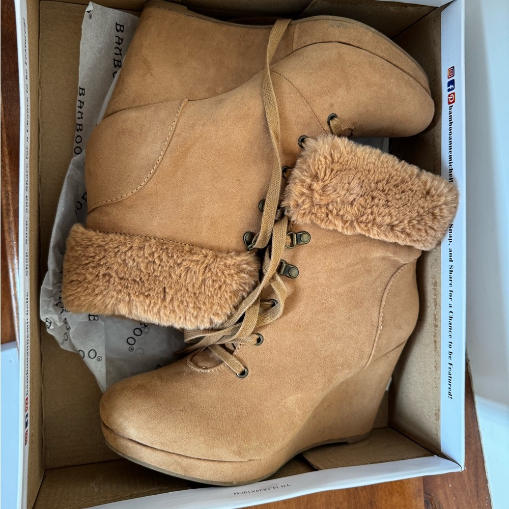 Faux-Suede Wedge Ankle Boot with Faux-Fur Collar - Tan